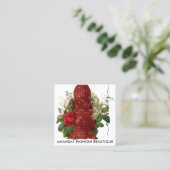 ファッション金ゴールドフローラドレスロゴQRCodeレースレッド スクエア名刺 (スタンド正面)