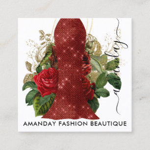 ファッション金ゴールドフローラドレスロゴQRCode Lace Red スクエア名刺