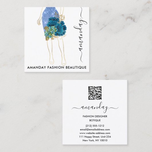 ファッション金ゴールドフローラブルーネイビードレスショップQRロゴ スクエア名刺 (正面/裏面)