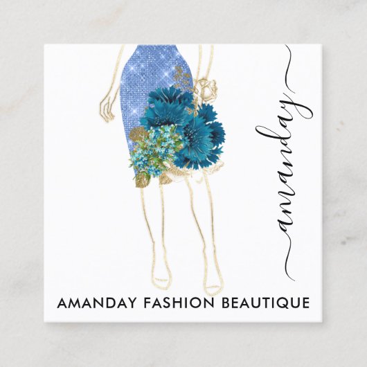 ファッション金ゴールドフローラブルーネイビードレスショップQRロゴ スクエア名刺 (正面)