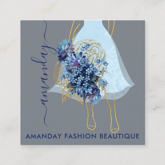 ファッション金ゴールドブルードレスロゴQRCodeフローラ スクエア名刺 (正面)