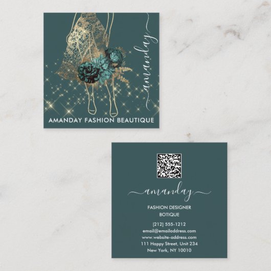 ファッション金ゴールドレッドドレスロゴQRCodeカスタム緑 スクエア名刺 (正面/裏面)