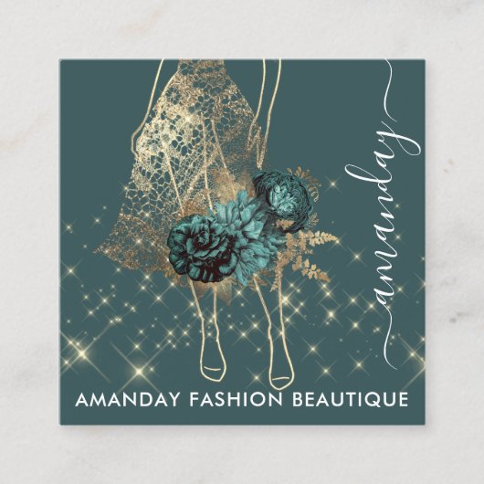 ファッション金ゴールドレッドドレスロゴQRCodeカスタム緑 スクエア名刺 (正面)