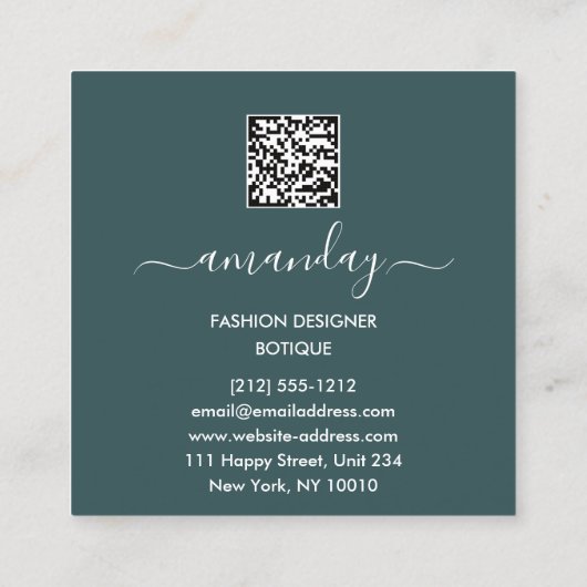 ファッション金ゴールドレッドドレスロゴQRCodeカスタム緑 スクエア名刺 (裏面)