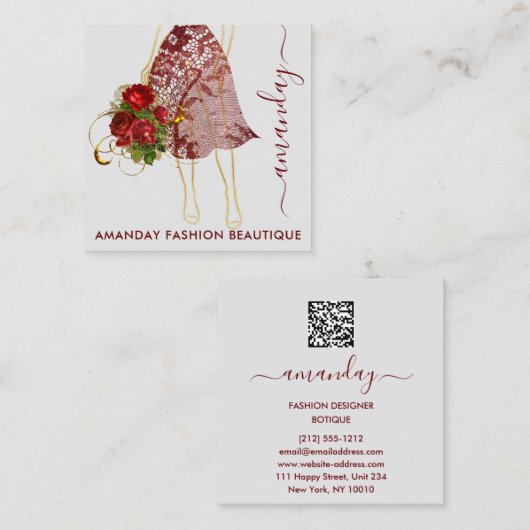ファッション金ゴールドレッドドレスロゴQRCodeフローラ スクエア名刺 (正面/裏面)