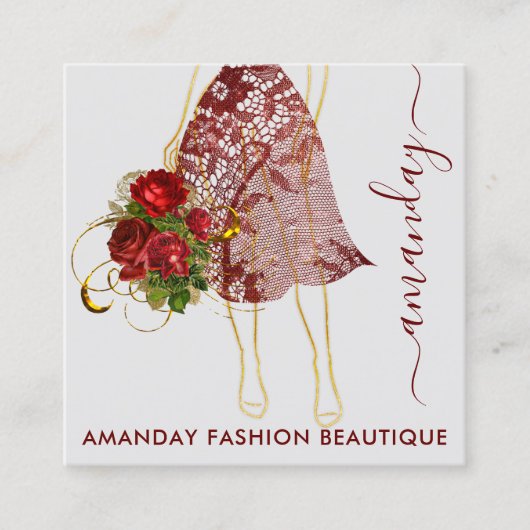 ファッション金ゴールドレッドドレスロゴQRCodeフローラ スクエア名刺 (正面)