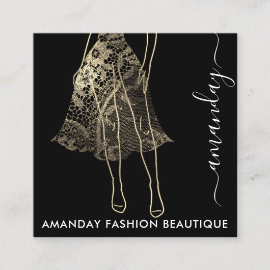 ファッション金ゴールドレースドレスロゴQRCodeショップボーティーク スクエア名刺 (正面)