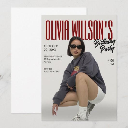 ファッション雑誌の写真の誕生日 招待状 (正面/裏面)