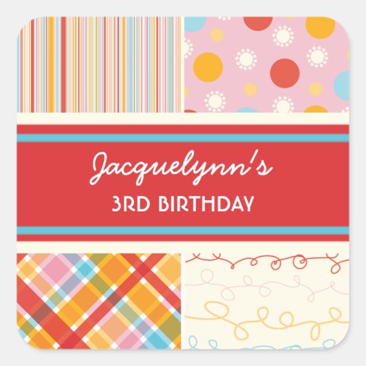 ファットファチンレトロキャンディピンクコンボ誕生日ステッカー スクエアシール (正面)