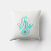 ファティマのティール(緑がかった色)の水彩画のHamsaガーリーで赤い手 クッション (裏面)