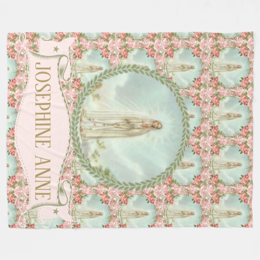 ファティマの一流の旗のピンクのバラの私達の女性 フリースブランケット (正面(横))