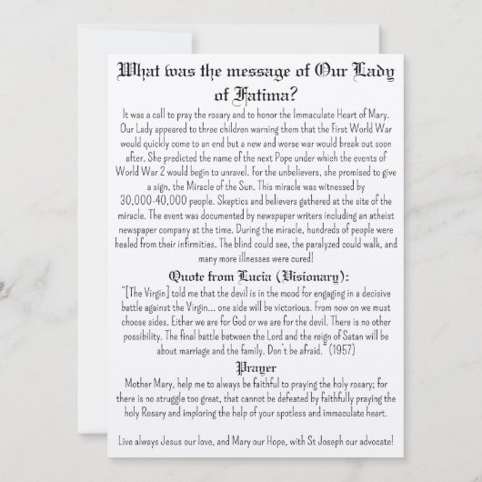 ファティマの女性祈りの言葉カード 招待状 (裏面)