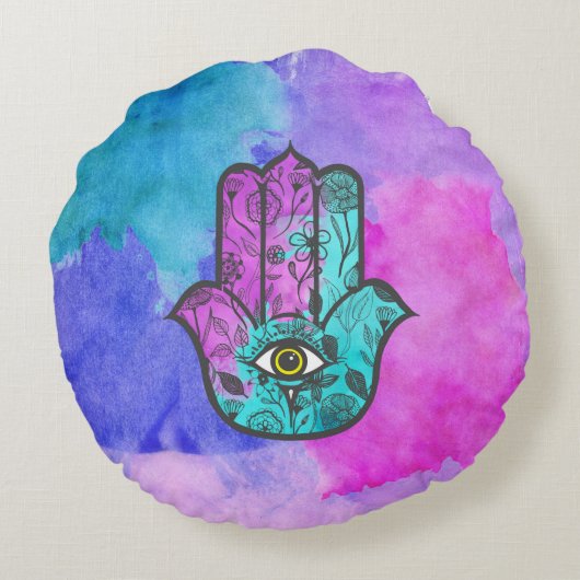 ファティマの水彩画の花柄のHamsaガーリーな手 ラウンドクッション (裏面)