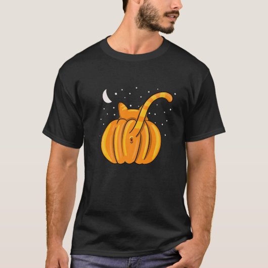 ファニーハロウィーンキャットお尻カボチャオレンジ虎猫ギフト Tシャツ (正面)