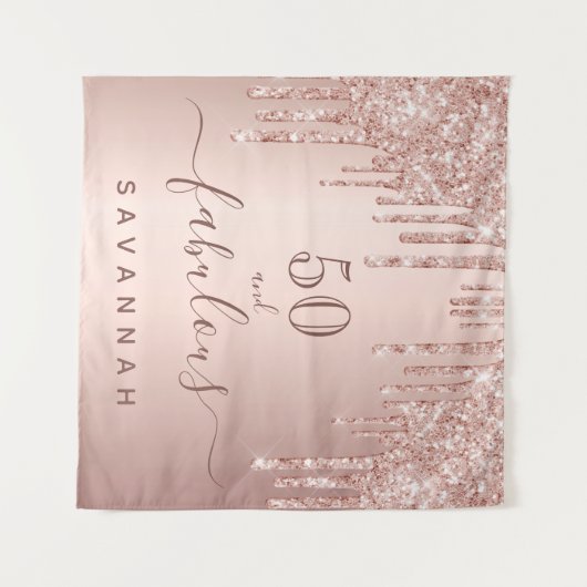 ファビュラスな誕生日のローズゴールドピンクのドリップス タペストリー (正面(横))