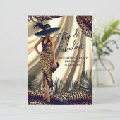 ファビュラスな誕生日の女性 ブラック ゴールド レパードの羽根 招待状 (スタンド正面)