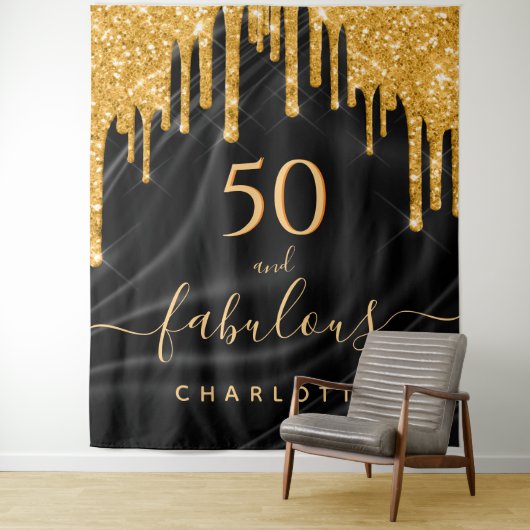 ファビュラスな誕生日パーティーのグリッター ブラック ゴールド サテン タペストリー (インサイチュ)