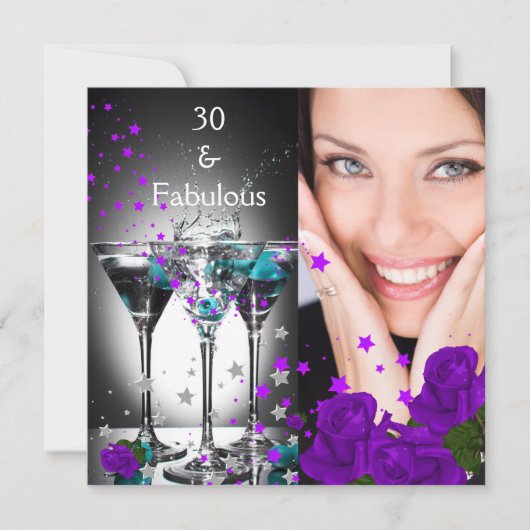 ファビュラスな30歳の誕生日 ティール+パープルのバラの写真 招待状 (正面)