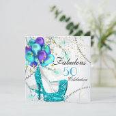 ファビュラスな50代ターコイズブルーのハイヒールと花柄の誕生日 招待状 (スタンド正面)
