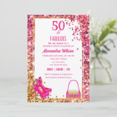 ファビュラスな50歳の誕生日 ハイヒール ピンク グリッタリー 招待状 (スタンド正面)
