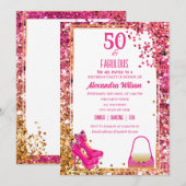 ファビュラスな50歳の誕生日 ハイヒール ピンク グリッタリー 招待状 (正面/裏面)
