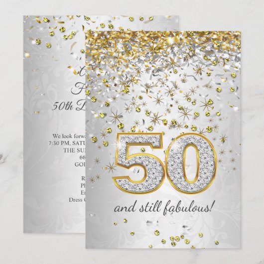 ファビュラスな50歳 シルバーゴールドの紙吹雪 50歳の誕生日会 招待状 (正面/裏面)
