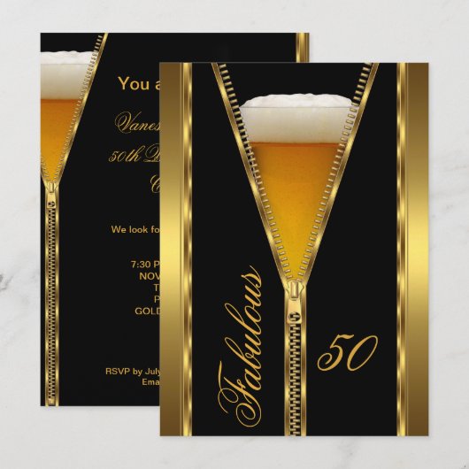 ファビュラスな50歳 洗練されたジッパー ゴールド ビール 飲み物 招待状 (正面/裏面)