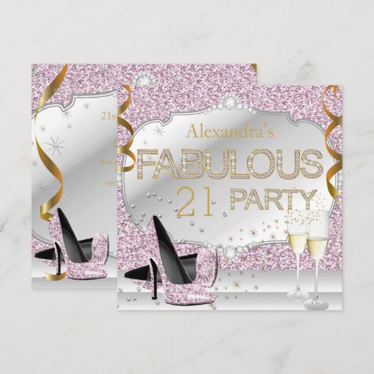 ファビュラス21ピンクのラメ入りゴージャスな誕生日パーティー 招待状 (正面/裏面)