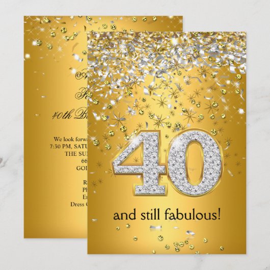 ファビュラス40 ゴールドシルバーストリーマー 40歳の誕生日 招待状 (正面/裏面)