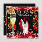 ファビュラス40 赤 黒 ゴールド バブル パーティー 招待状 (正面/裏面)