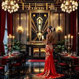 ファビュラス50歳のアールデコの女性（アフリカ系アメリカ人・赤） 招待状