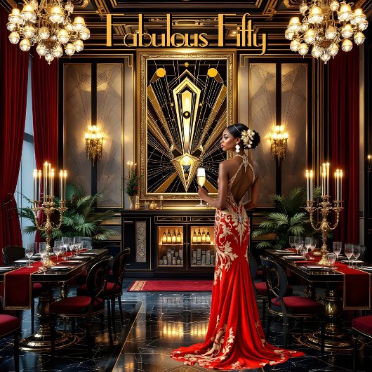 ファビュラス50歳のアールデコの女性（アフリカ系アメリカ人・赤） 招待状