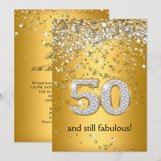 ファビュラス50 ゴールドシルバーのストリーマー 50歳の誕生日 招待状 (正面/裏面)