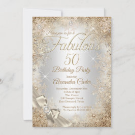 ファビュラス50 シルバー ベージュ クリーム パール ボウ スノーフレーク 招待状