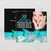 ファビュラス50 ティールブルー フラワー バースデーパーティー 招待状 (正面/裏面)