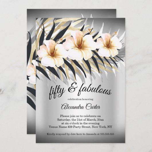 ファビュラス50 ベージュ シルバー ゴールド ハイビスカス パーティー 招待状 (正面/裏面)