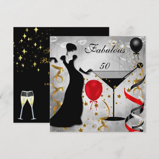 ファビュラス50 50歳の誕生日パーティー 装飾 レディー 赤 2 招待状 (正面/裏面)
