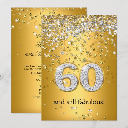 ファビュラス60 ゴールドシルバーのストリーム 60歳の誕生日 招待状 (正面/裏面)