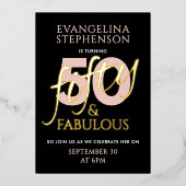 ファビュラス ピンク ブラック ゴールド 50歳の誕生日 写真 箔招待状 (正面)