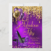 ファビュラス フィフティ パーティー パープル グリッター ゴールド ハイ ヒール 招待状 (正面)
