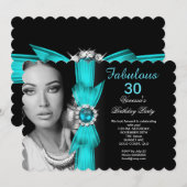 ファビュラス フォト バースデー パーティー ティール ブルー ブラック 招待状 (正面/裏面)