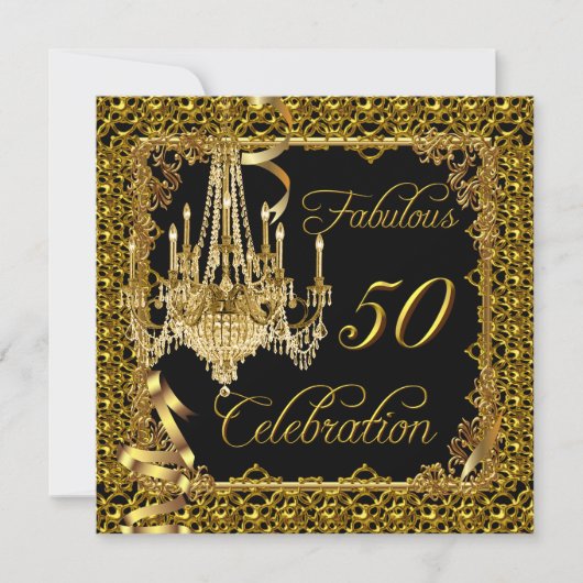 ファビュラス 50歳の誕生日お祝い ブラックゴールド 招待状 (正面)