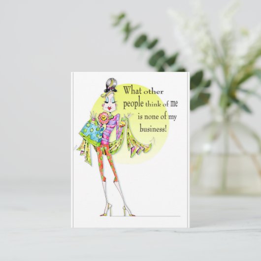 ファブおもしろいのスケッチと言葉を持つ女性のユーモアのカード ポストカード (スタンド正面)