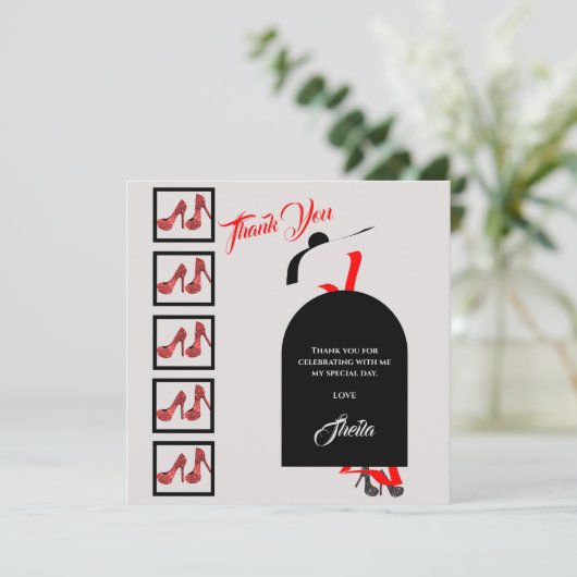 ファブシルエットグラムシューズレッドブラック誕生日写真 サンキューカード (スタンド正面)
