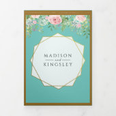 ファブピンクフローラティール（緑がかった色）結婚ズトリフォールド招待状 三つ折り招待状 (カバー)