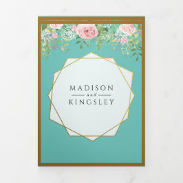 ファブピンクフローラティール（緑がかった色）結婚ズトリフォールド招待状 三つ折り招待状