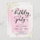 ファブピンク水彩金ゴールド紙吹雪誕生パーティー 招待状 (正面/裏面)