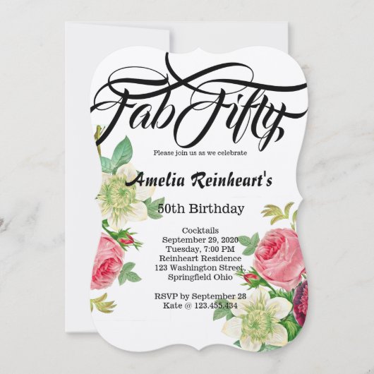 ファブフィフティ50誕生日パーティーヴィンテージボタニフラワー 招待状 (正面)