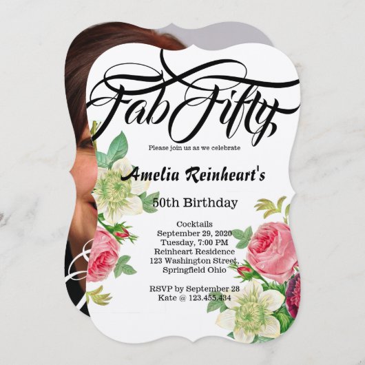 ファブフィフティ50誕生日パーティーヴィンテージボタニフラワー 招待状 (正面/裏面)