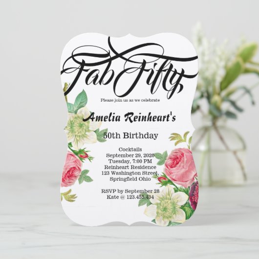 ファブフィフティ50誕生日パーティーヴィンテージボタニフラワー 招待状 (スタンド正面)
